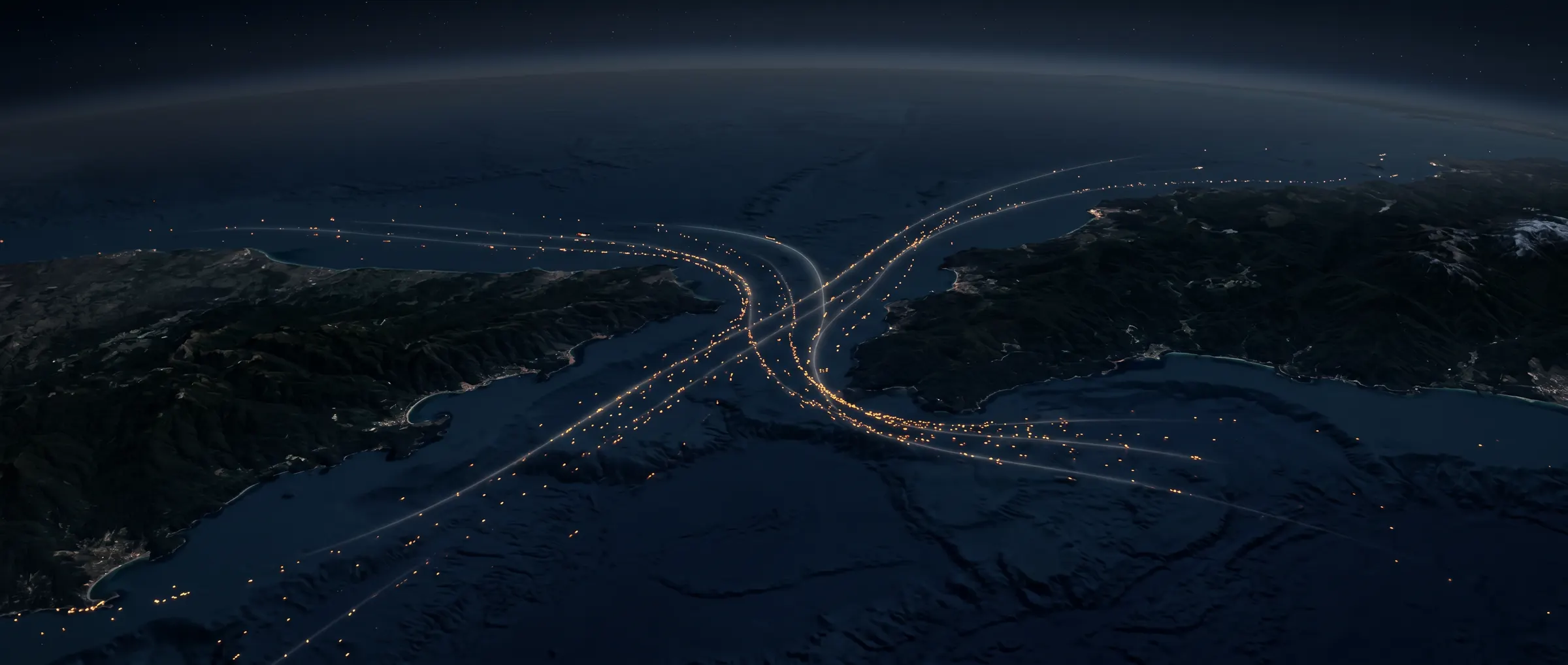 Satellite view of maritime traffic lanes at night